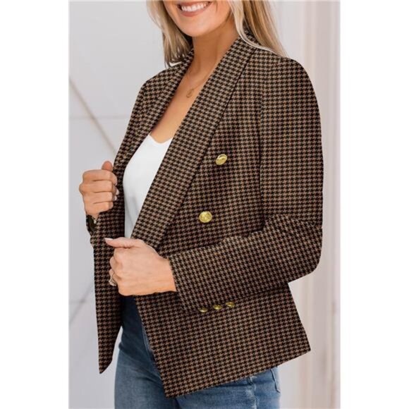 Womens Blazer Jacket Gold Button Plaid Brown - Picture 4 of 4